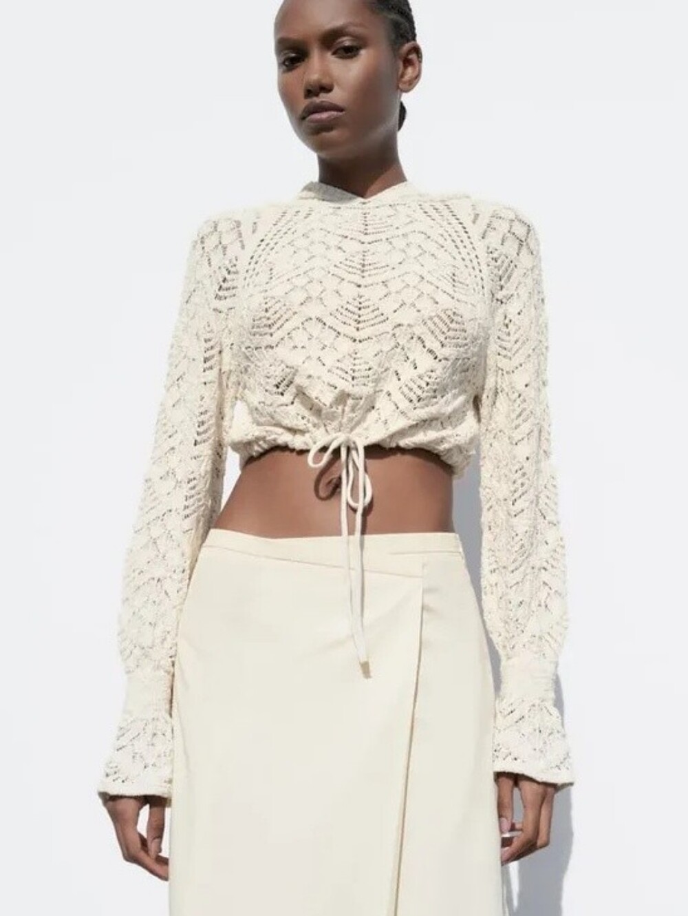 Zara hooded pointelle knit sweater cropped crochet ivory women's Size Small S